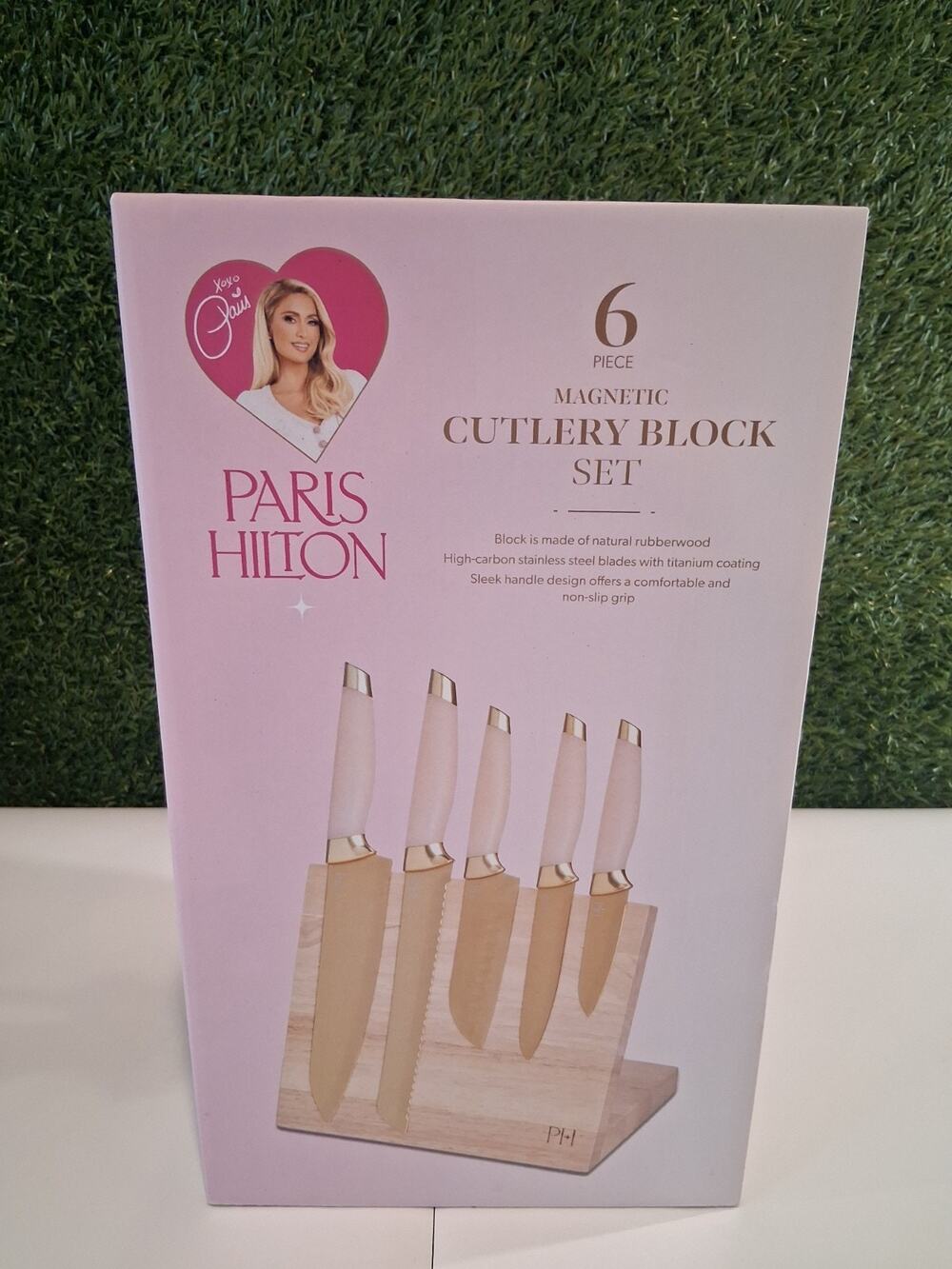 Paris Hilton 6 Piece Magnetic Cutlery Block Set Pink Gold Titanium Stainless...